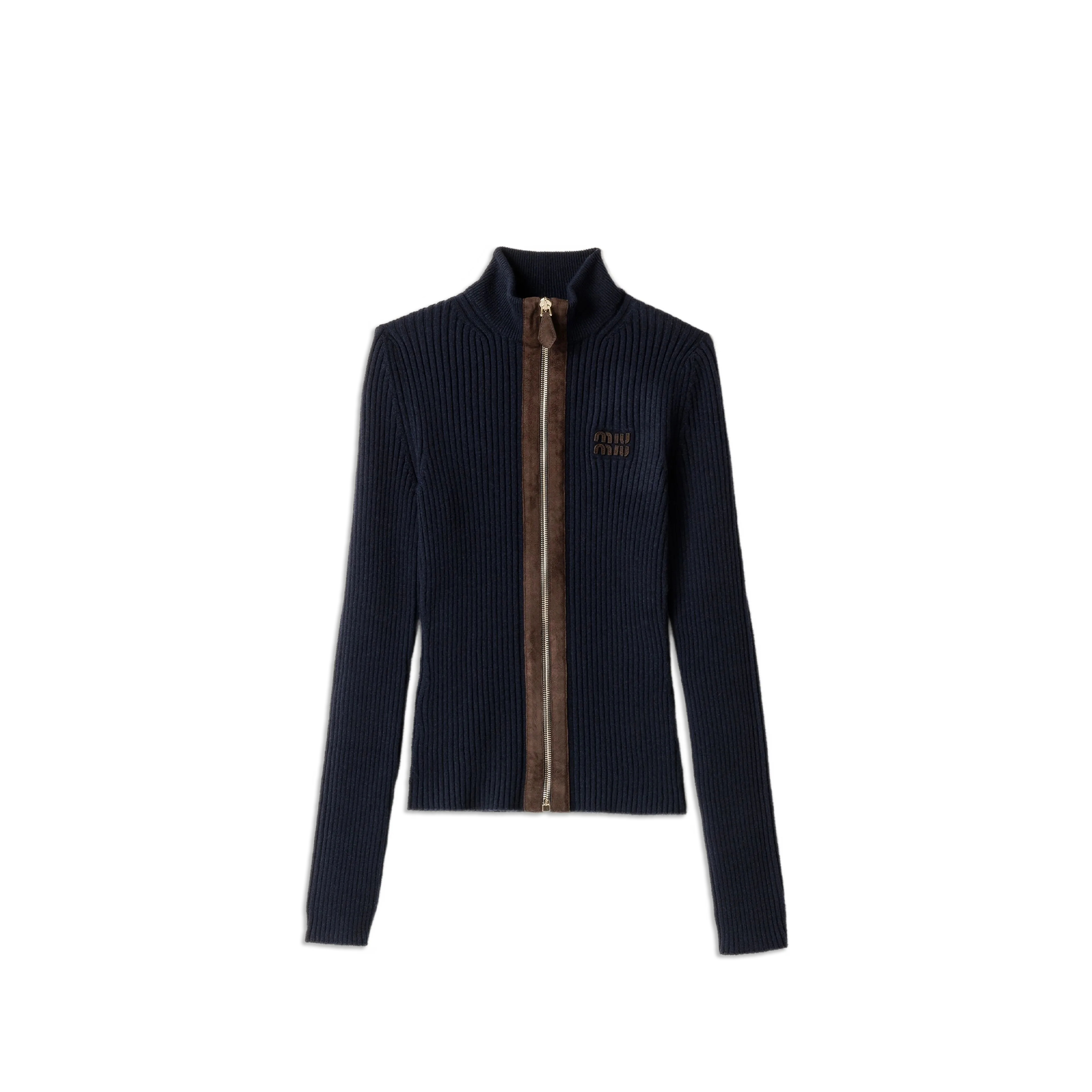 MIU MIU CASHMERE AND LEATHER ZIPPER CARDIGAN MMF992
